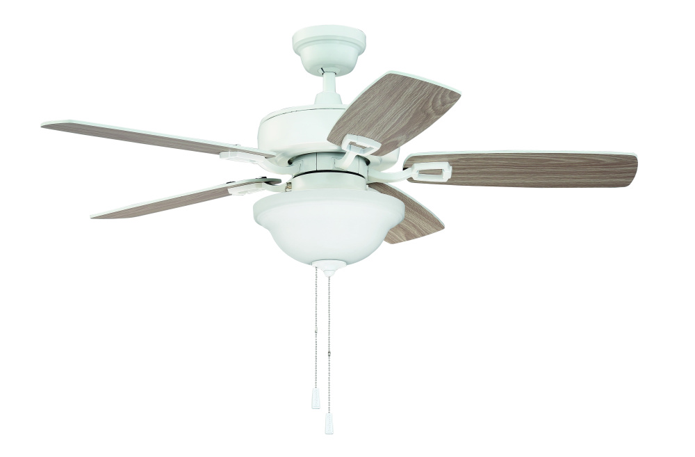 42" Twist N Click Fan in White w/ White/Washed Oak Blades (3-Light Bowl)