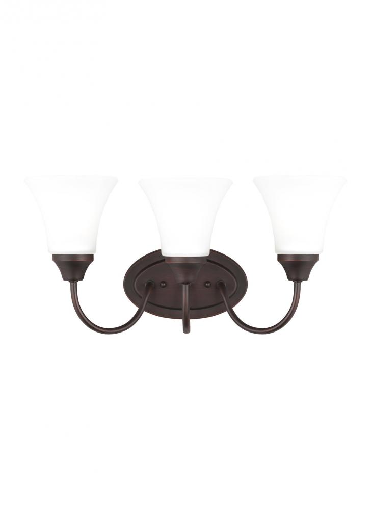 Holman traditional 3-light LED indoor dimmable bath vanity wall sconce in bronze finish with satin e