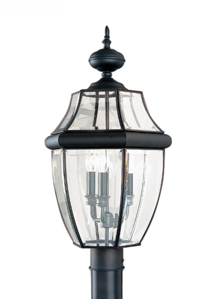 Lancaster traditional 3-light LED outdoor exterior post lantern in black finish with clear curved be